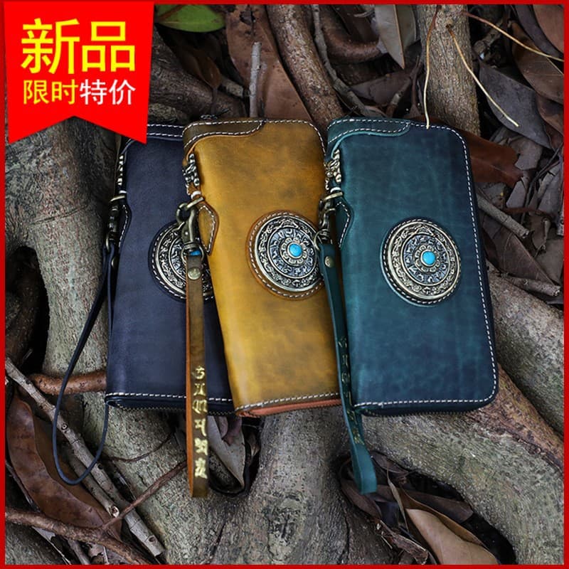 New Handmade Long Wallet for Men and Women, Ethnic Style Vertical Genuine Leather Rotatable Nine-Grid Wallet