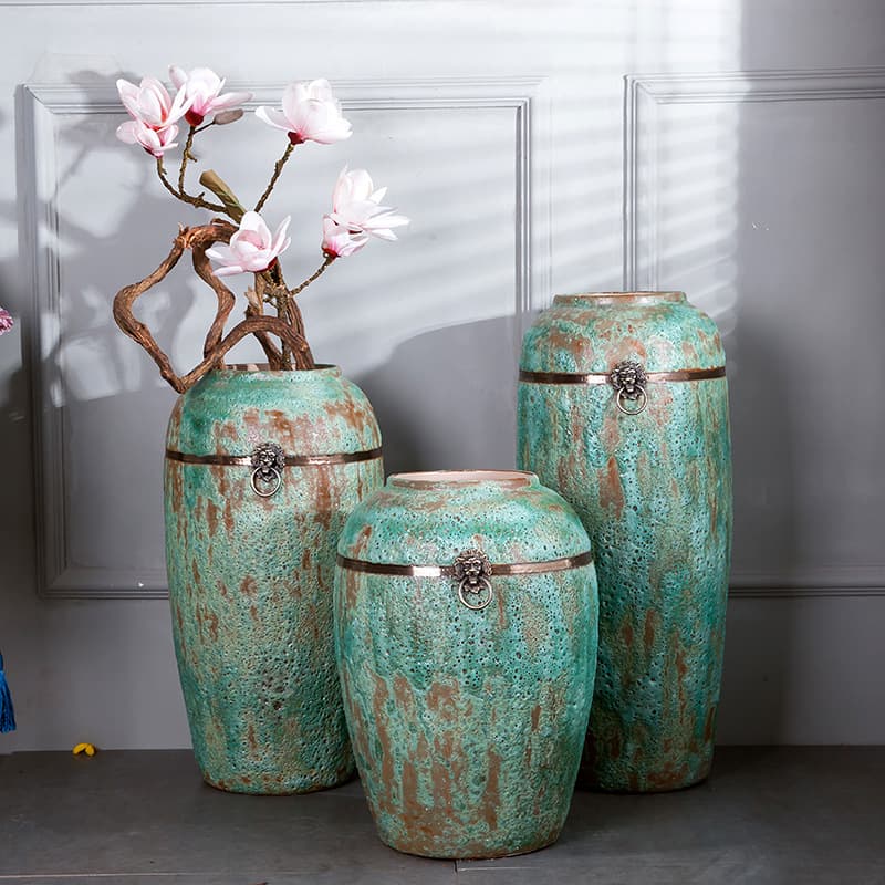 3-Piece Vase Set with Copper Rings and Copper Lids, Antique European-style Ceramic Home Decoration Floral Ornament