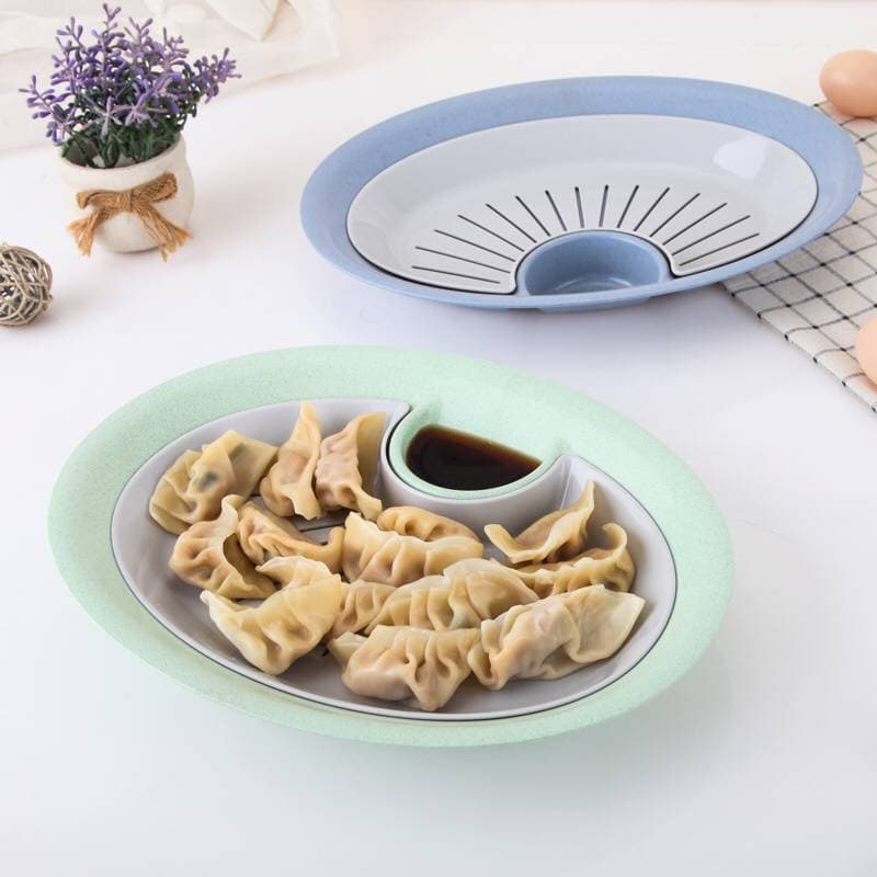 Double-layer oval dumpling plate, creative small dish, eco-friendly straw snack plate, divided serving plate, french fry plate