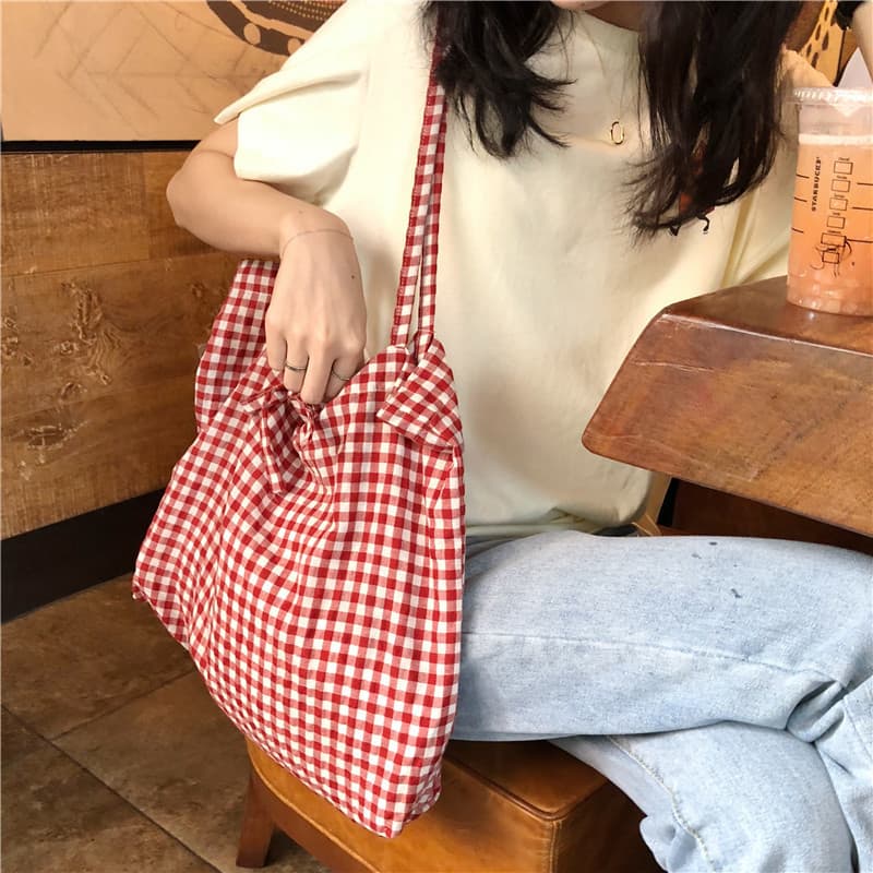 L308 Summer New Red and White Checkered Girly Drawstring Bag Korean-style, Small Fresh Artistic Women's Bag Trendy