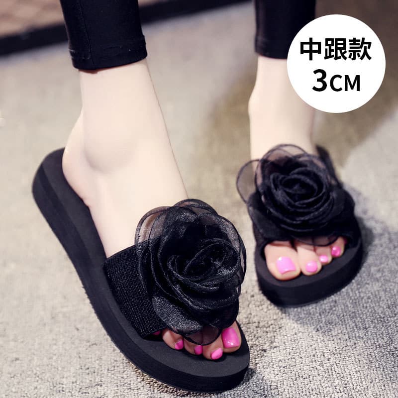 Sweet outer wear flower seaside beach slippers women's summer fashion low-heeled thick-soled flip-flops Korean style high-heeled sandals