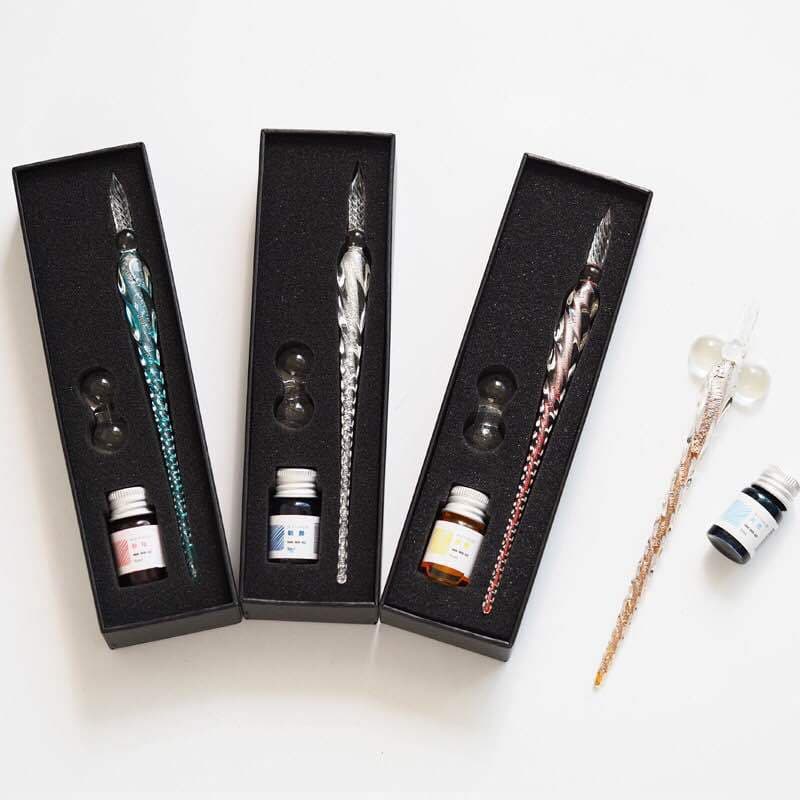 Crystal Glass Dip Pen Gift Box Set with Gold Powder Colored Ink Signature Pen Set Creative Gift Pen for Friends and Classmates