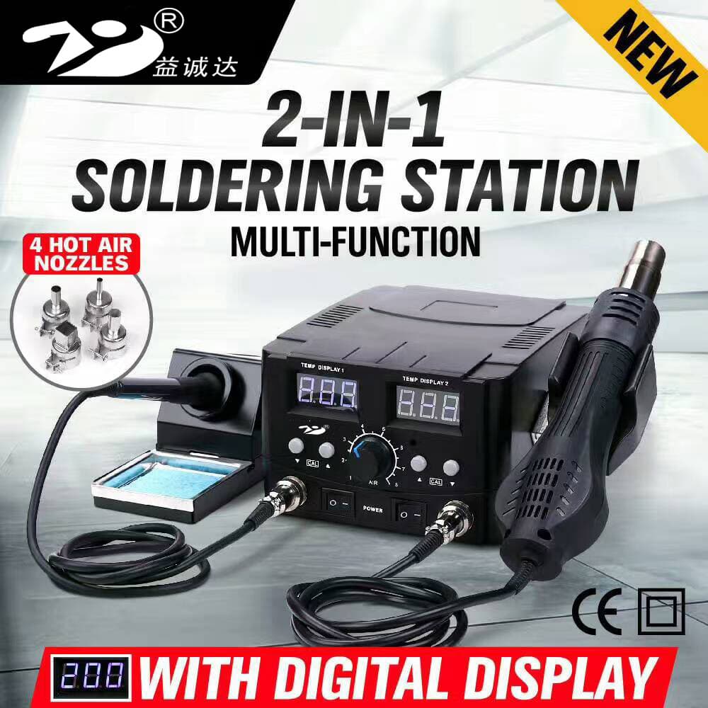 Yichengda YCD-8582D Hot Air Rework Station with Dual Digital Display, Rotating Air Gun, and Soldering Iron in Stunning Blue