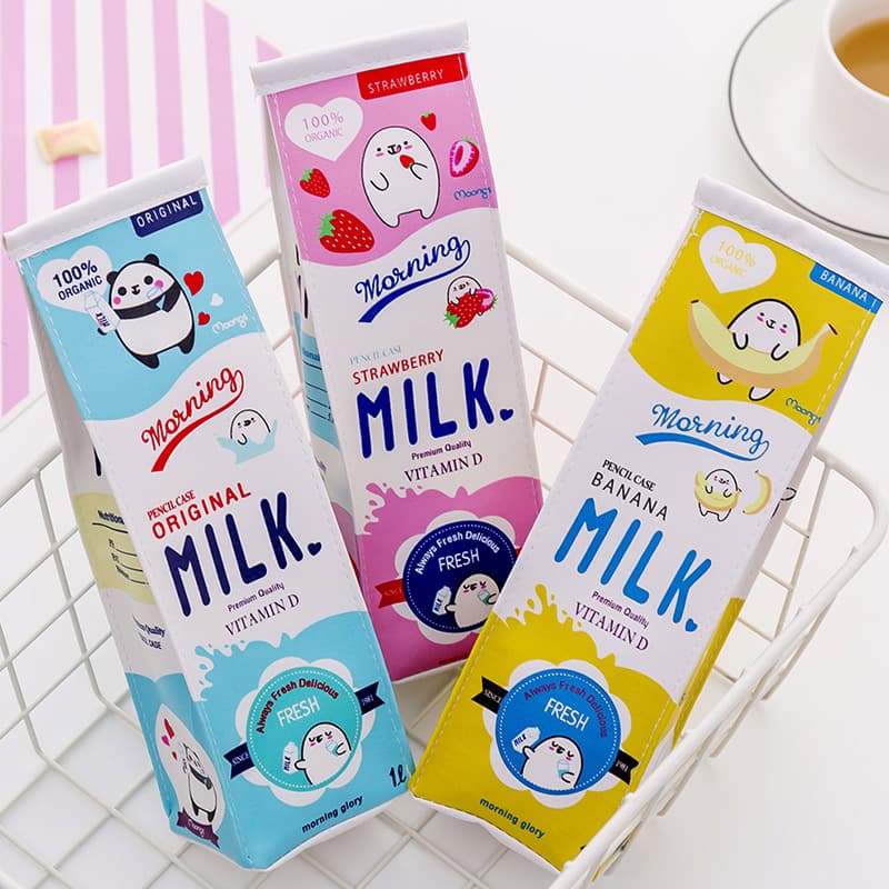 Cartoon cute milk pencil bag for women, simple large-capacity stationery bag, creative student portable stationery bag, pencil bag