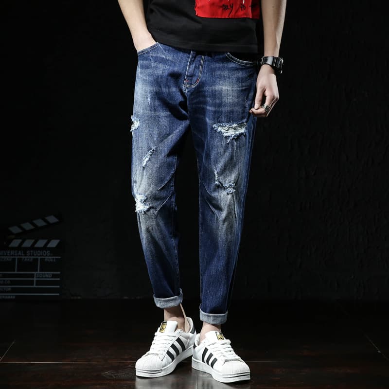 New Mid-Rise Distressed Harem Pants Stretch Washed Cropped Pants Summer 2023 Plus Size Men's Light Wash Jeans