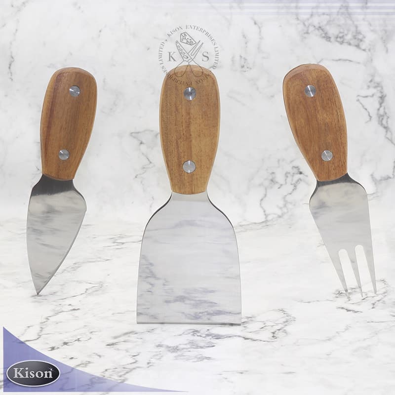 3-Piece Cheese Knife Set with Rubber Wood and Acacia Wood Handle, Large Cheese and Pizza Tool