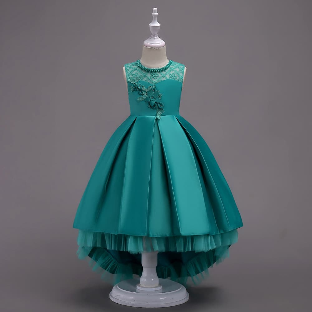 Princess Tailed Lace Dress Children's Show off Dress Ball Gown Skirt for Flower Girl Polyester Cotton Fabric European Style