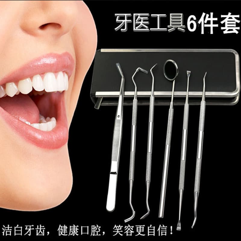 Stainless Steel Dental Tool Kit with Dental Mirror, Probe, and Forceps for Dentist Home Use, Alloy Steel Material, Six-Piece Set