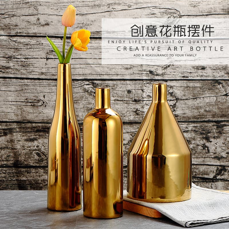 Creative Electroplated Golden Ceramic Vase Three-Piece Set Scandinavian Accessible Luxury Modern Home Living Room Ornaments Flower Utensils