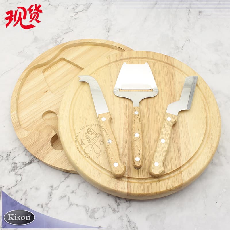 In Stock 3-Piece Round Box Stainless Steel Pizza Cutter Set Rubber Wood Cutting Board Box Cheese Shovel Knife