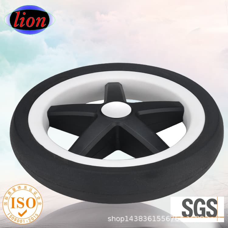 Factory-produced wheels for baby strollers, including EVA, PU rubber inflatable, and rubber hollow foam wheels.
