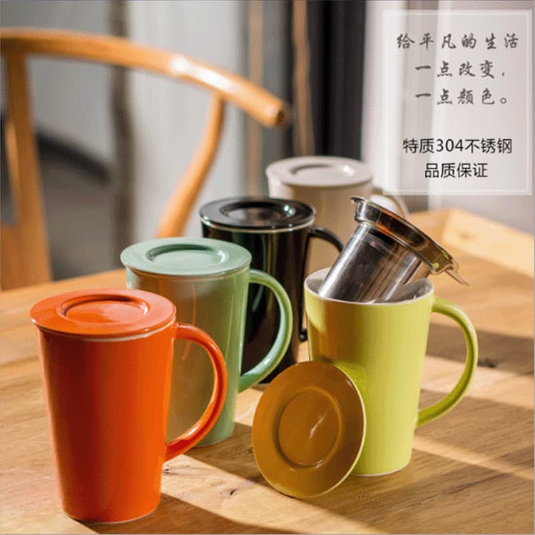 Handmade Ceramic Mug with Lid and Spoon, Custom Chocolate Milk Cup, Office Coffee Tea Filter Cup