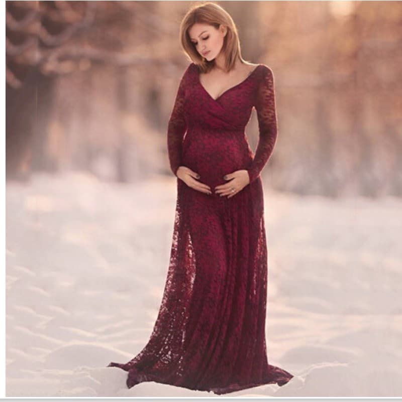 European and American pregnant women's sexy deep V-neck long-sleeved lace dress, casual and sexy evening dress 8981