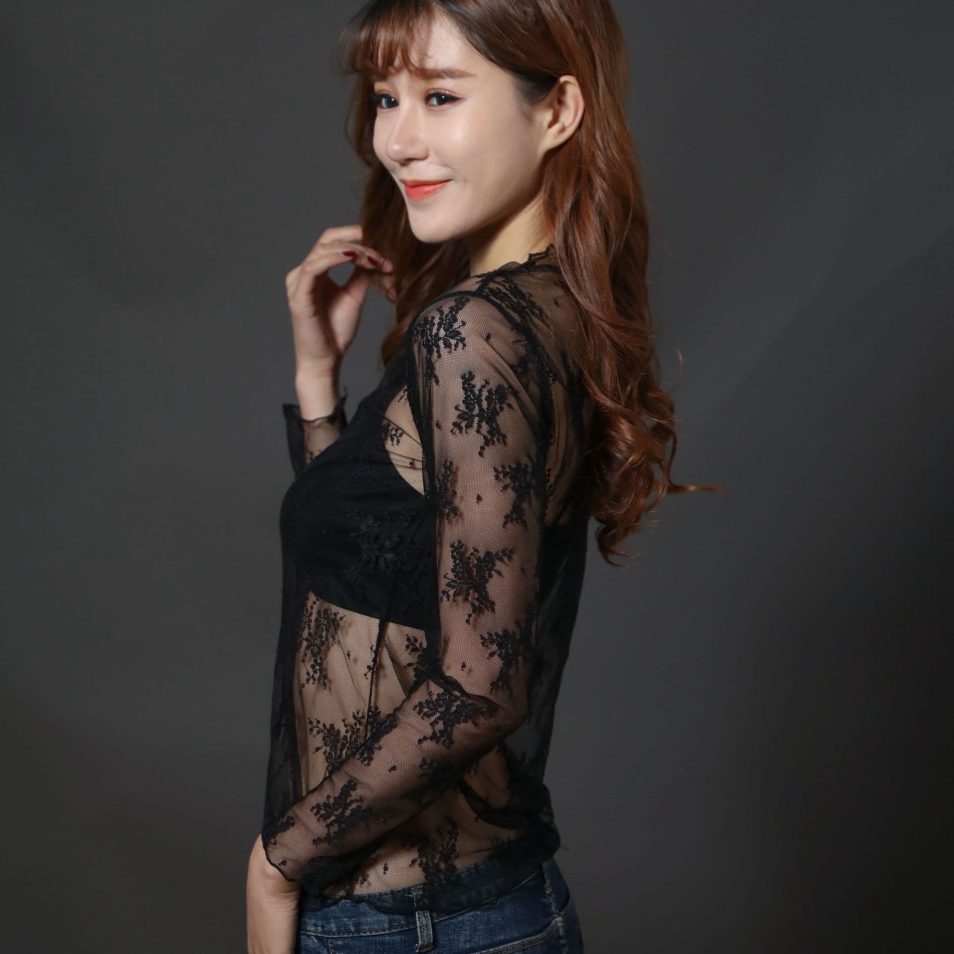 Spring New Cross-Border Women's Top Long Sleeve Mesh Blouse Korean Lace Shirt Embroidered Mesh Base Layer