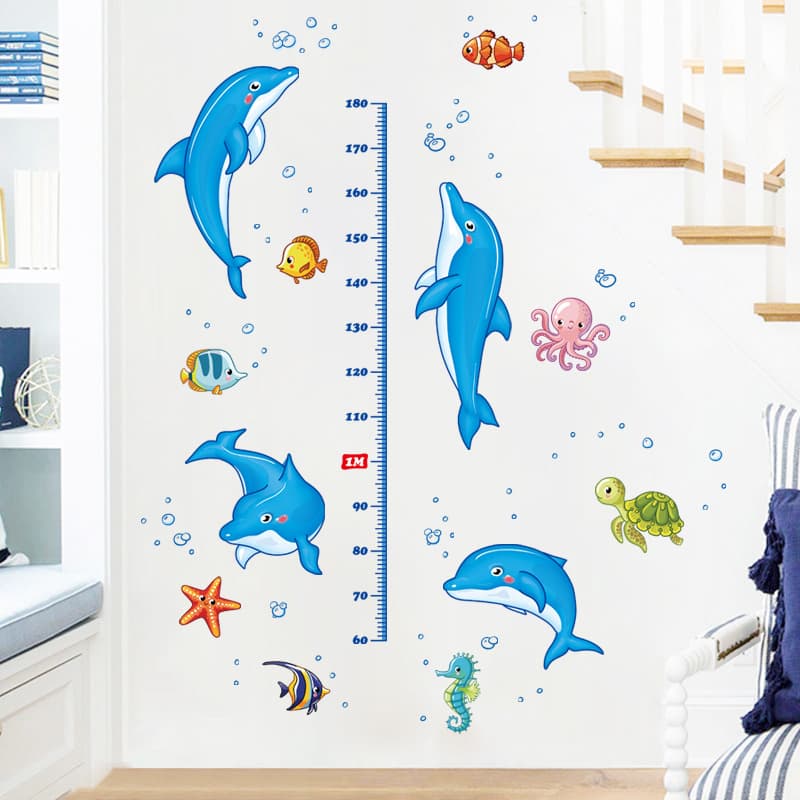 XL8368 Mula Castle Cartoon Dolphin Height Chart Wall Sticker for Bedroom Living Room Kids Room Kindergarten Background Decoration