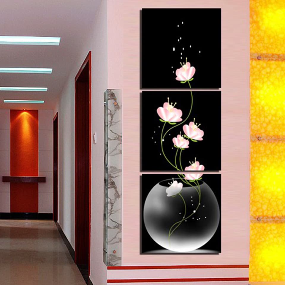 High-definition Triptych Black Background Vase Oil Painting, Canvas Art for Home Decoration, Cross-border Supply