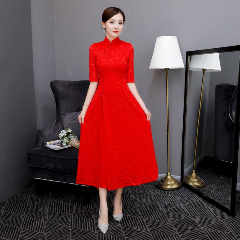 2026 New Bridal Red Cheongsam Dress Wedding Toast Wear Long Lace Improved Cheongsam Dress