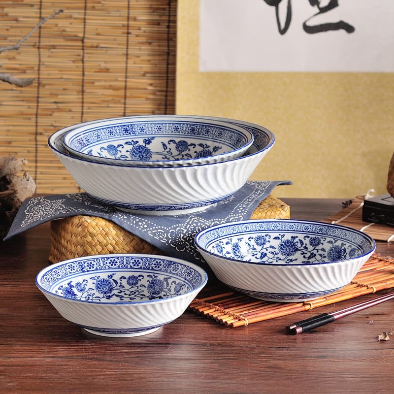 Blue and white porcelain lotus rib Zhengde bowl ceramic tableware bowl noodle bowl antique retro large bowl