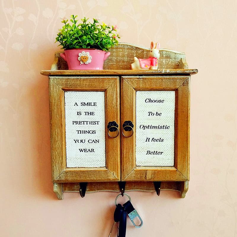 European Vintage Minimalist Solid Wood Coat Hook Wall-Mounted Key Box Hanging Cabinet Wall Shelf Home Decor