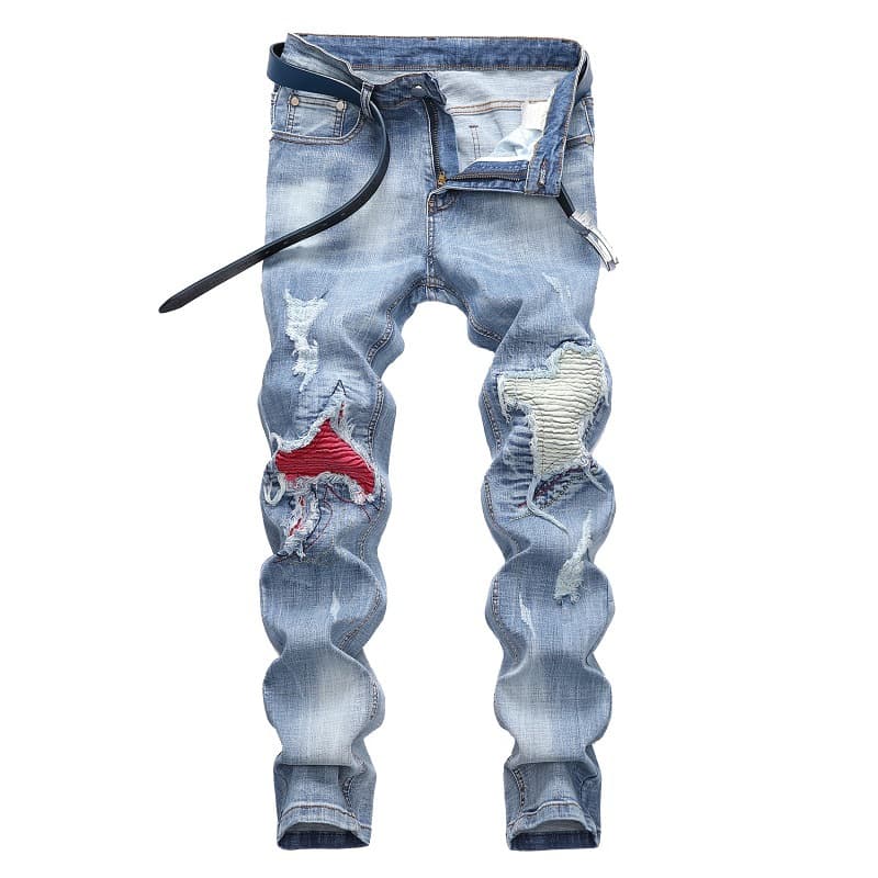 Cross-border supply for Europe and America: Light-colored stretch motorcycle jeans with ripped holes, trendy men's jeans for Amazon