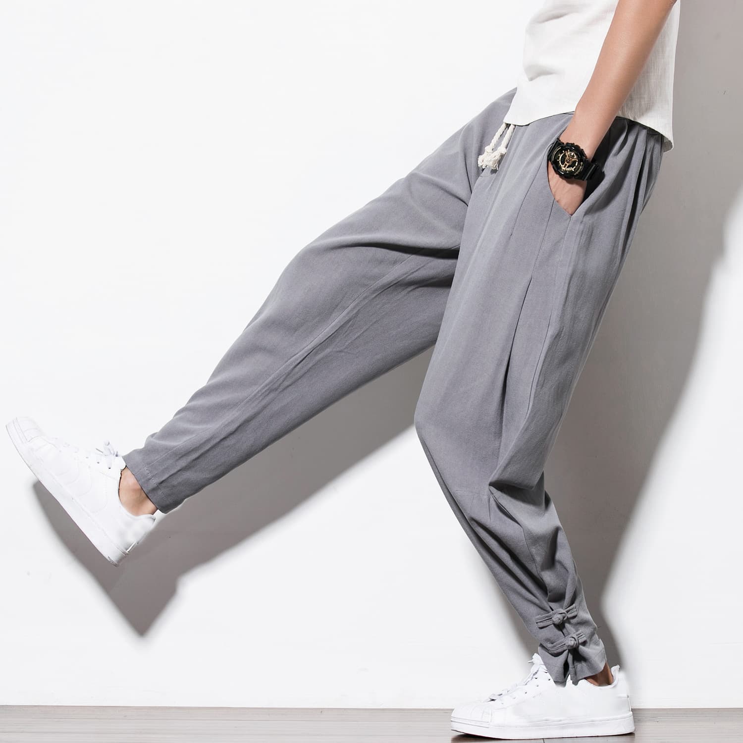 Men's Casual Pants 2018 New Chinese Style Spring Summer Cotton Linen Harem Pants with Disk Buttons Loose Fit Big Size