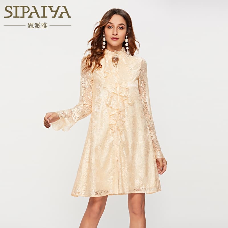 2020 new autumn and winter European and American women's beaded flower trumpet sleeve temperament ruffled lace high collar dress