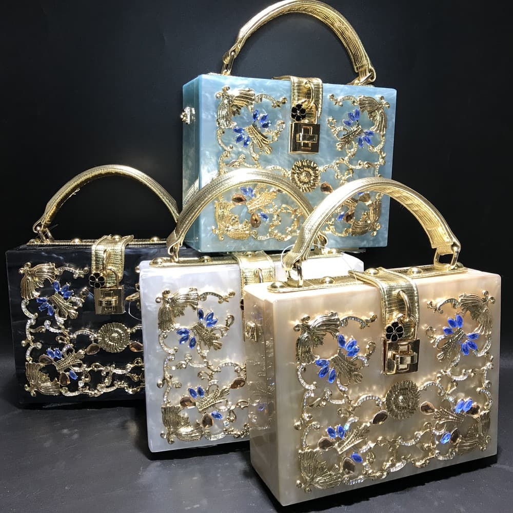 European and American Acrylic Evening Bag Hollow Metal Carving Inlaid Rhinestone Handheld Shoulder Crossbody Ladies Bag