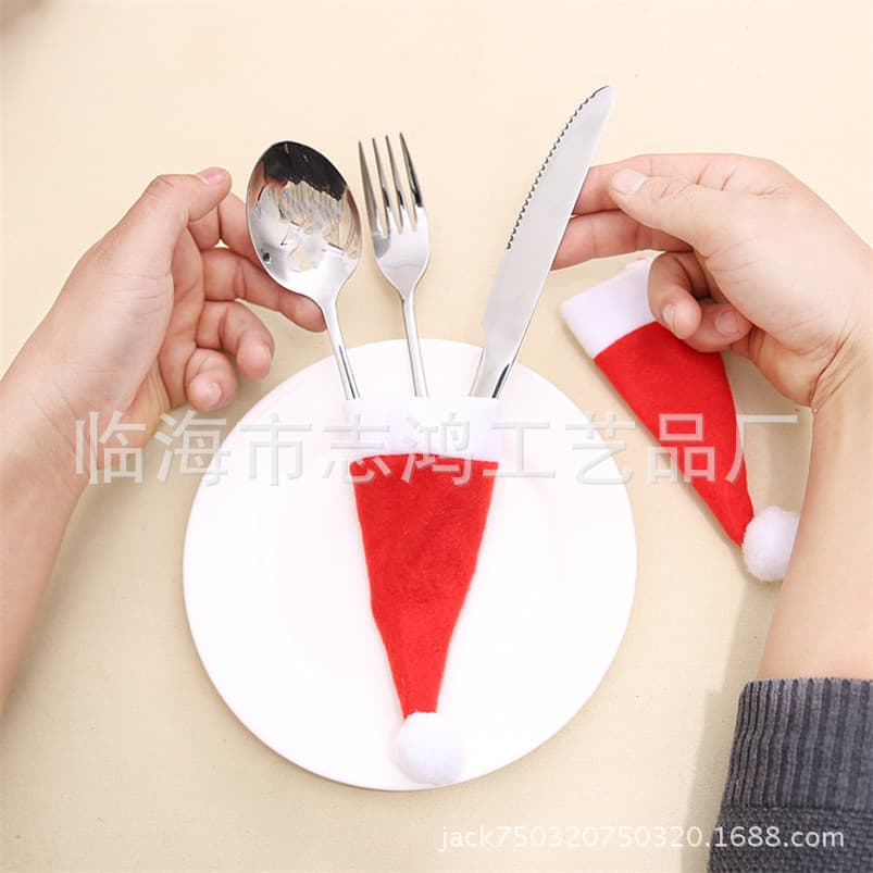 Christmas Decorations Mini Santa Hat Fork Knife Set Non-woven Fabric Bottle Cover Suitable For Office Culture