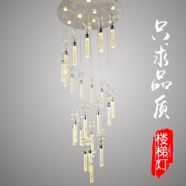 Duplex floor-length chandelier lighting villa living room modern European style floor-to-floor corner staircase rotating crystal column chandelier