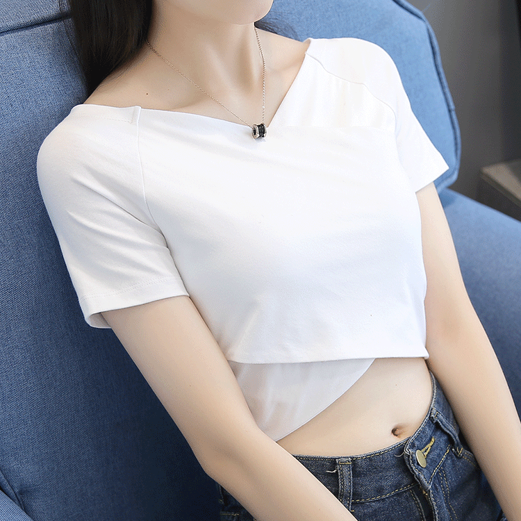 Solid Color Short Sleeve Top Women Korean Slim Fit Cropped T-Shirt 2021 Summer New V-Neck Base Layer 035
