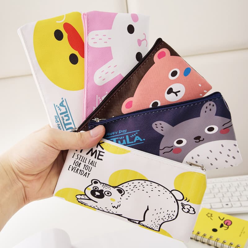 Cartoon minimalist PU pencil case, creative children's pencil pouch for primary and secondary students, customizable printing, factory direct supply.