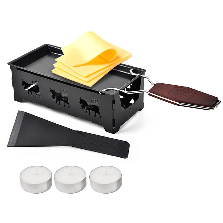 Swiss cheese oven with solid wood handle, butter cheese baking pan, mini home barbecue pan with candle holder.