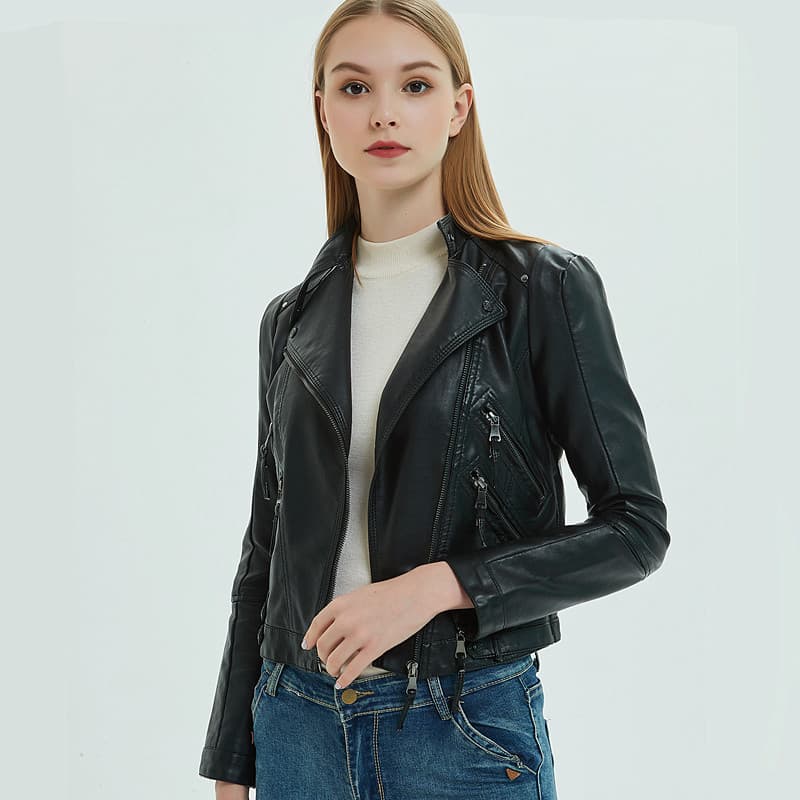 EU 2023 Spring/Autumn PU Leather Jacket for Women, Short Motorcycle Style Fitted Coat