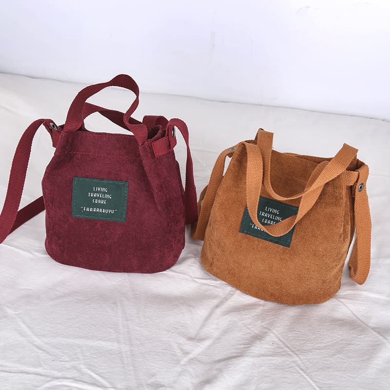 Japanese and Korean Retro Corduroy Canvas Women's Bag, Simple Solid Color Artistic Single Shoulder Bag, Original Handbag Bucket Bag