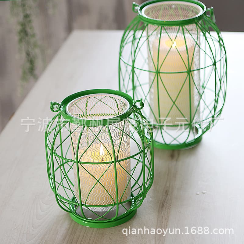 American Simple Wrought Iron Candle Holder Lantern Woven Green Yellow Home Shop Decoration Ornaments