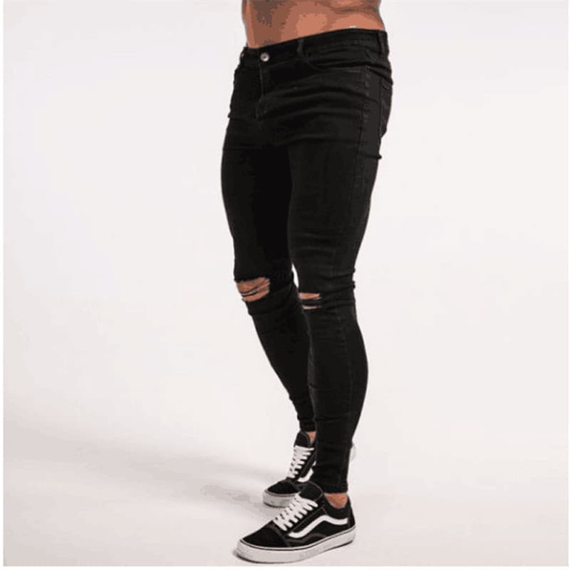 Spring and Summer High Street Fashion Men's Jeans with Large Knee Rips, Slim Fit Stretch Skinny Trousers