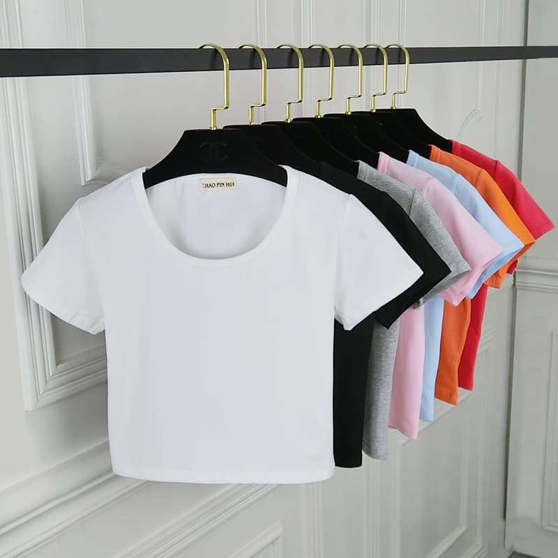 Women's Crop Top T-Shirt Summer Korean Style Tight Fitted Belly Tee Hyuna Style Short Top High Waist