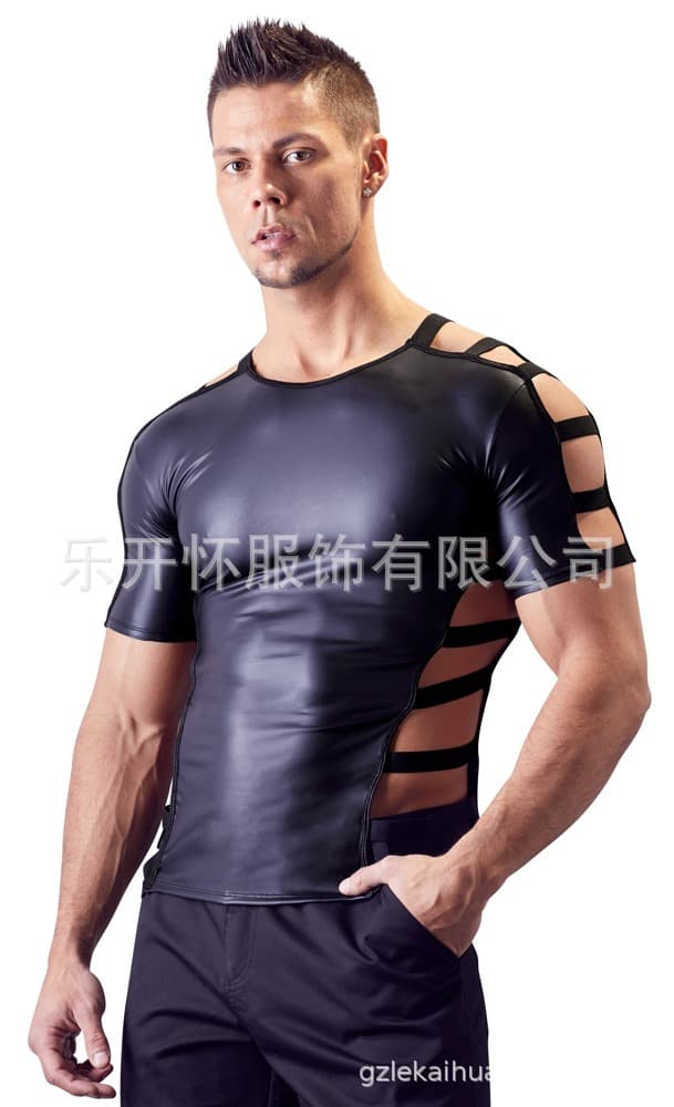 Men's Sexy Patent Leather Tight T-Shirt Lingerie Nightclub Stage Performance Costume Factory Direct N960