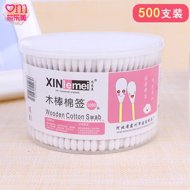 E【Xinlemei】Free Shipping 500 pcs/box Cotton Swabs Manufacturer Disposable Wooden Stick Cotton Swabs Round Box Makeup Swabs