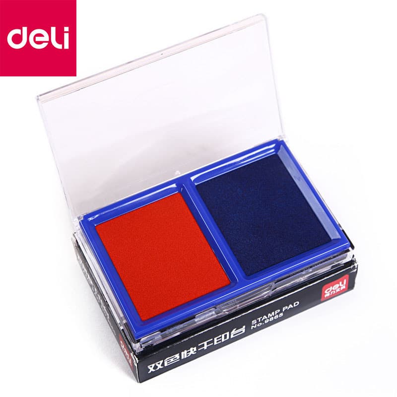 Deli 9865 Dual-Color Quick-Dry Clean Stamp Pad, Oil-Based Red and Blue Ink, Financial Office Supplies, Set