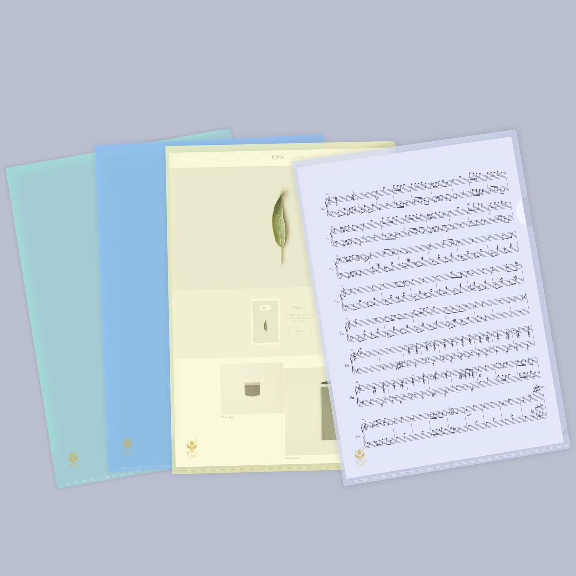 Fudequick E310 two-page file sleeves, A4 file folders with inserts, transparent file bags, and PVC file holders.