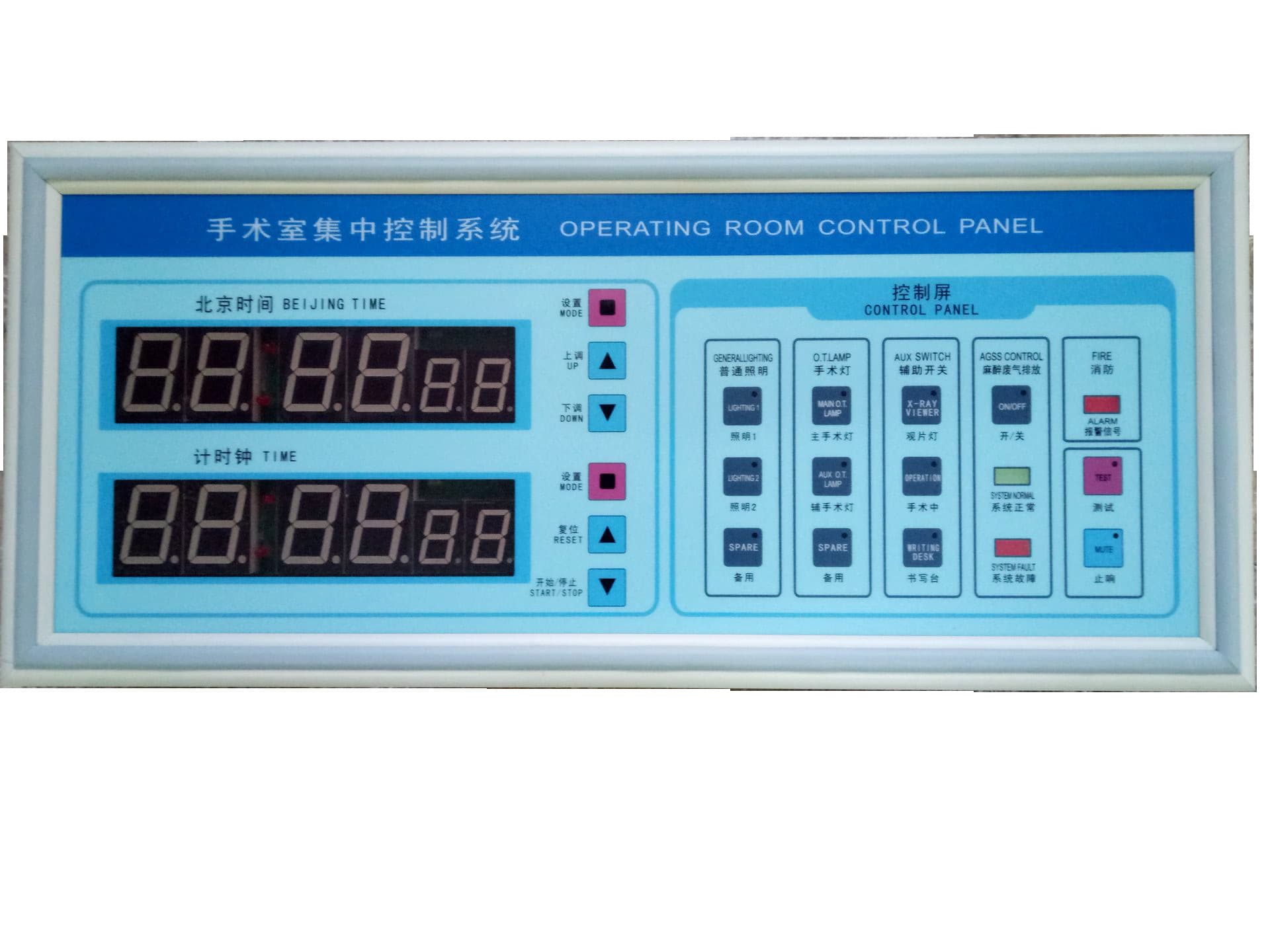Blue Background with Red Display Clock/Timer/Control Screen, Three-unit Operating Room Information Panel, Aluminum Alloy Frame