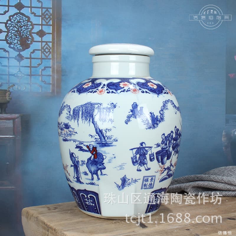 Jingdezhen Ceramic Wine Bottle/Jar, 10-jin Capacity, Blue and White Ancient Well Pavilion Design Wine Vat, Ready Stock for Wholesale