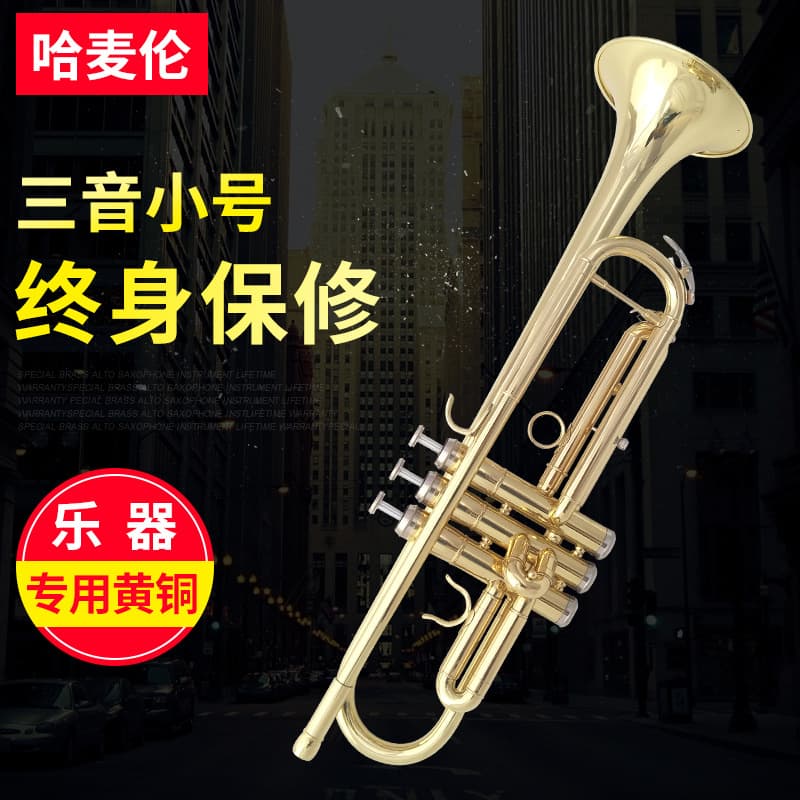 Hamelin Small Brass Western Musical Instrument Bb Three-Key Trumpet Beginner Performance Electrophoretic Gold Three-Key Trumpet