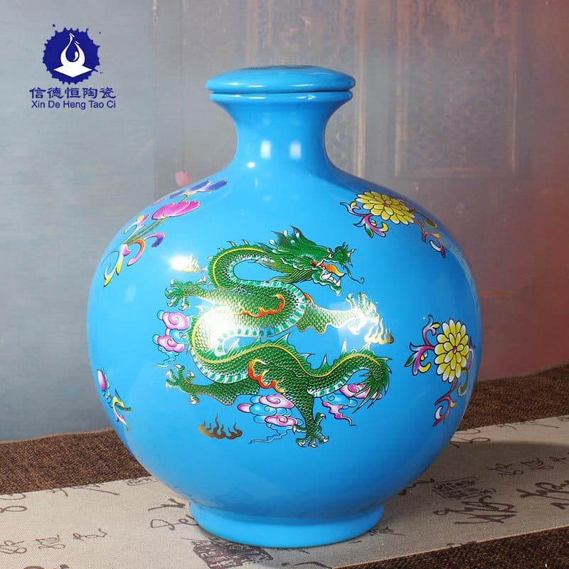 5-jin/10-jin Jingdezhen Ceramic Wine Bottles/Jars, Colored Glaze Dragon and Peony Designs in Chinese Red/Imperial Yellow, Wholesale