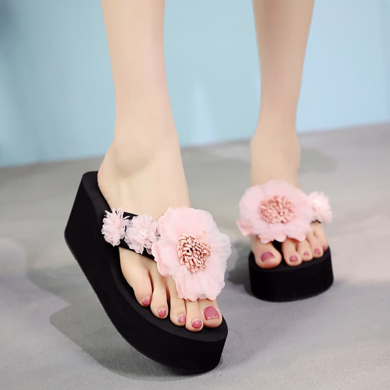 Shanjiao 2023 Handmade Flower Black Flip Flops Women's Summer Fashion Outdoor Thick Sole Beach Sandals