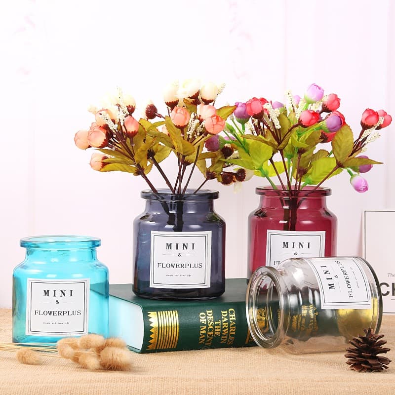 Nordic Style Small Vase Thick Transparent Colored Glass Tabletop Vase Mini English Sticker Wide Mouth Vase