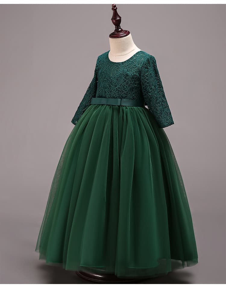 European and American Foreign Trade Best-Selling High-Waist Lace Princess Dress Mesh Dress Children's Dress Wedding Flower Girl Long Sleeve Princess Dress