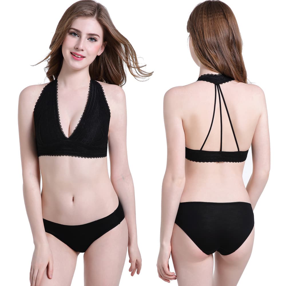 European and American Foreign Trade Underwear: Thin, Wire-Free, No-Sponge Sleep Bra, Sexy Lace, Beautiful Back, Halter Neck Bra Wholesale