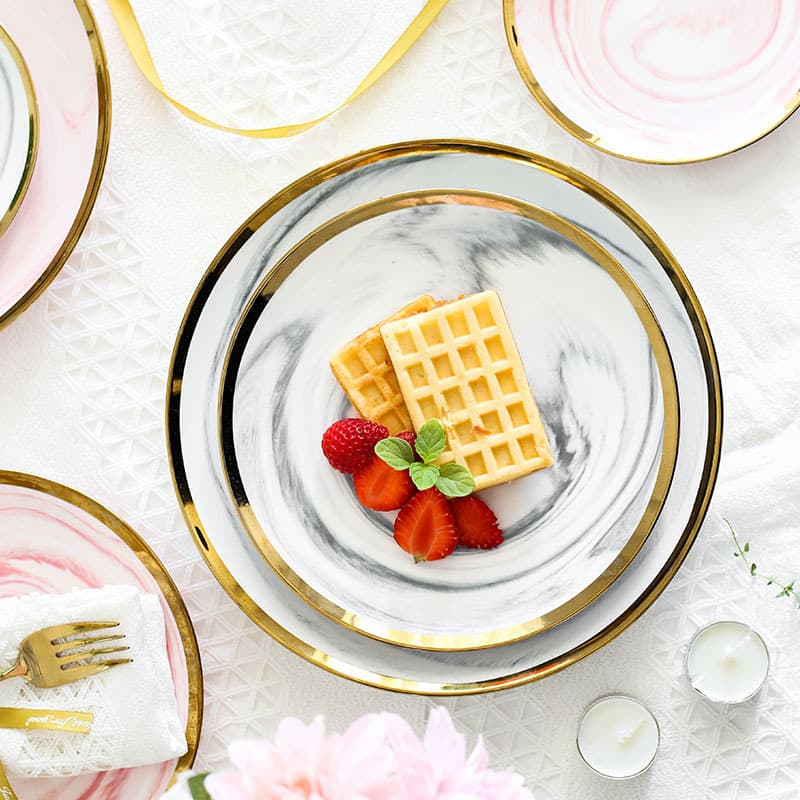 Nordic Style Marble Pattern Gold Rim Ceramic Plate, Steak Plate, Dessert Plate, Creative Breakfast Plate, Dessert Plate